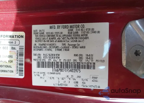 2015 Ford Mustang Gt Premium из США, поврежденный, VIN 1FA6P8CF1F5403975